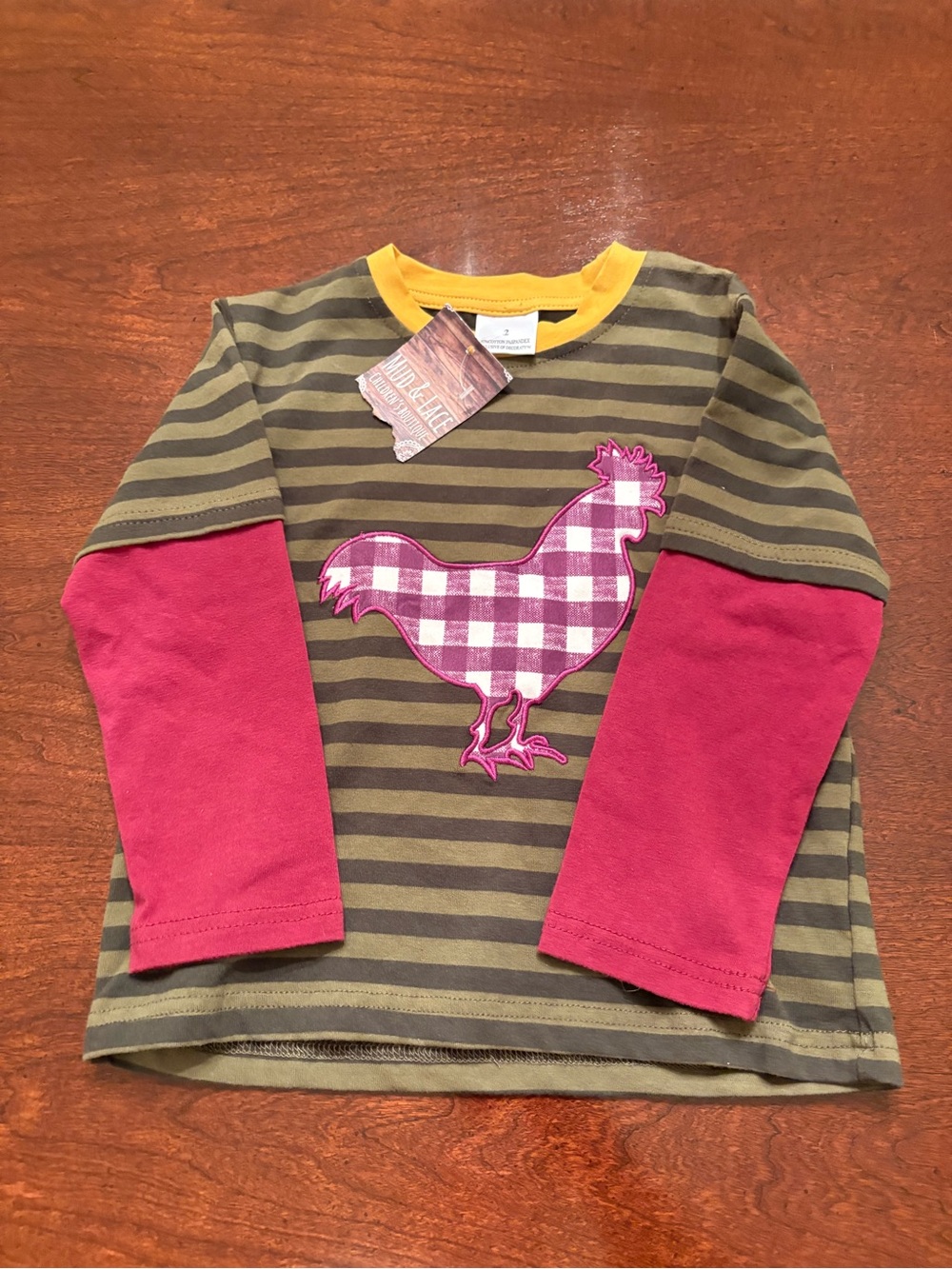 Kids Long Sleeve Layered-Look Stripe Shirt with Pink Rooster Applique size 2